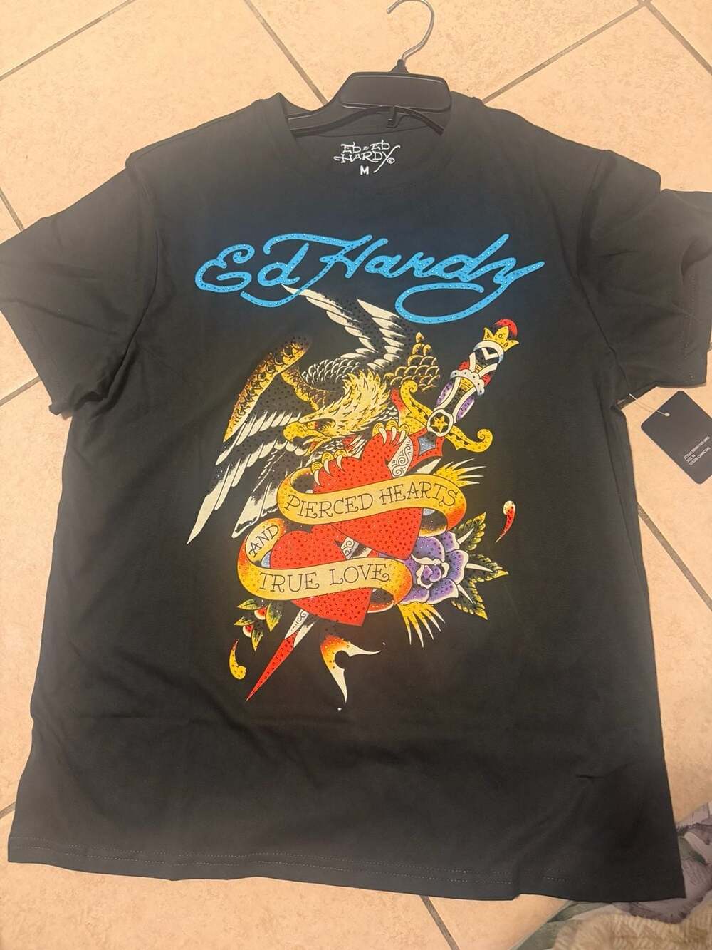 Ed Hardy Rhinestone Eagle Dagger T-Shirt Size M Charcoal